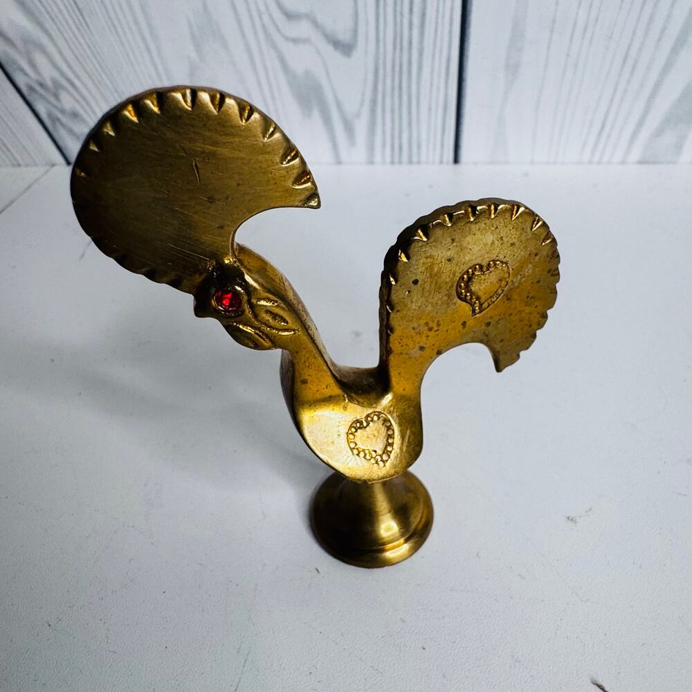 Vintage 70s Brass Rooster Figurine Rhinestone Eyes Embossed Rare 3.5 in